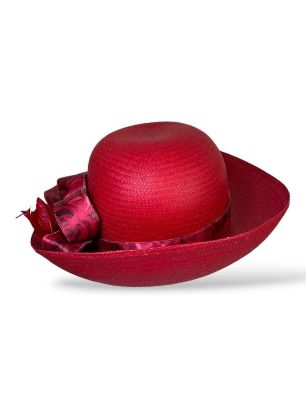 Vintage Red Straw Church Derby Hat Embellished Ribbon Red Bird Adult OS 1980’s - Picture 6 of 15